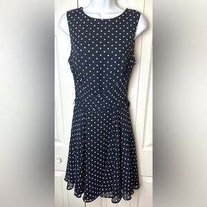 JOSEPH RIBKOFF Polka Dot Dress Navy Blue White Fit & Flare Wrap Tie Bow Waist